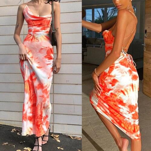2021 New Women Sexy Slip Dress, Orange Tie-dyed Printed Pattern Sleeveless Boat Neck, S/ M/ L/ XL/ XXL