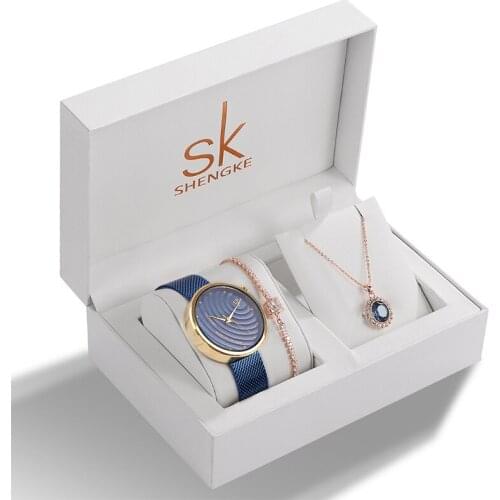 Shengke Women Set Luxury Crystal Bracelet Necklace Watches Set Quartz Watch Gifts For Women