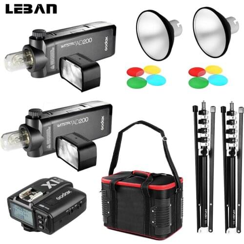 GODOX 2x AD200 HSS TTL Flash Strobe with Built-in 2.4G Wireless + 2x Light Stand + 2x AD-M Standard Reflector + Carry Bag