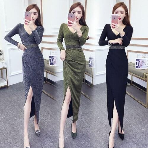 Women 2021 Spring Autumn Elegant Party Dresses Female Slim V Neck Long Sleeve Pencil Dress Casual Ladies Split Vestidos Z267