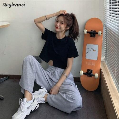 Women Sets 2021 Summer Solid Casual Chic Korean Style O-neck Short Sleeve Drawstring Holes High Waist Wide Leg Trouser Simple