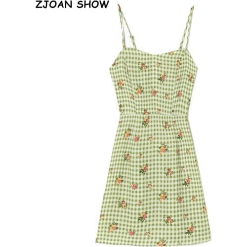2021 Vintage Green Flower Plaid Print Women Dress Back elastic Ruched Mini Sling Dress Sexy Beach Holiday Robe