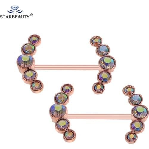 1 Pair Full Bling Created CZ 1.6*22mm Nipplering Rose Gold Color Barbell 14G Straight Bar Nipple Piercing Rings Body Jewelry