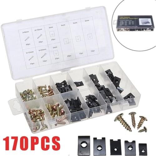 170pcs Steel Self-tapping Screws Nuts & Fender U-clips Assortment Set For Metalworking Fastener With A Plastic Box