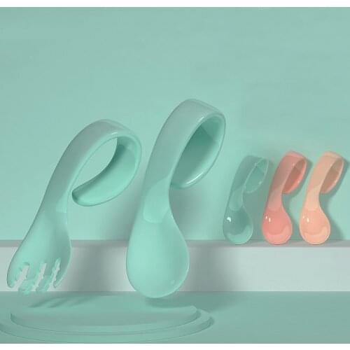 2Pcs/Set Baby Tableware Set BPA Free Kids Self Feeding Spoon and Fork Curved Handle Auxiliary Food Toddler Learn To Eat Training