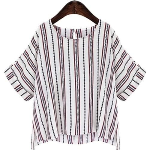 2021 Summer Plus Size Printed Chiffon Blouse Foreign Style Latest Round Neck Loose And Thin Vertical Striped Womens Shirts