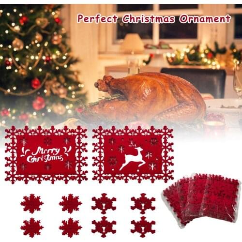 4PCS Merry Christmas Placemat / Coaster Snowflake Elk Hollow Felt Table Mats Decoration for Home Christmas Party Decor