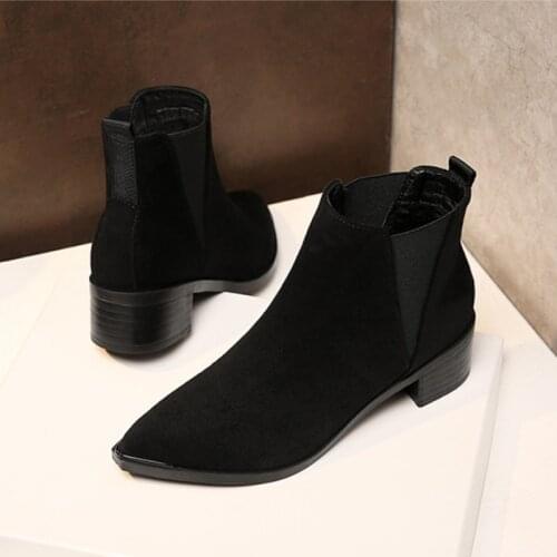 Brand Women Flock Ankle Boots Fur Plush Winter Boots Thick Heels Chelsea Botas Stretch Pointed Toe Leather Motorcycle Botines