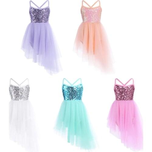 Kids Girls Sleeveless Stage Ballerina Dancewear Figure Skating Dress Sequins Tulle Toddler Ballet Dance Gymnastics Leotard Dress