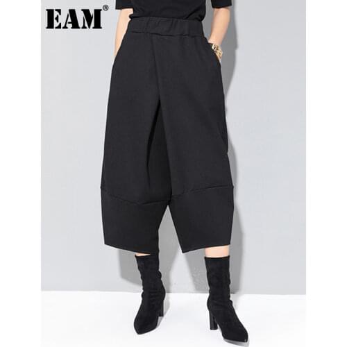 [EAM] 2021 New Spring Autumn High Elastic Waist Black Loose Big Pocket Brief Loose Harem Pants Women Trousers Fashion Tide JQ012