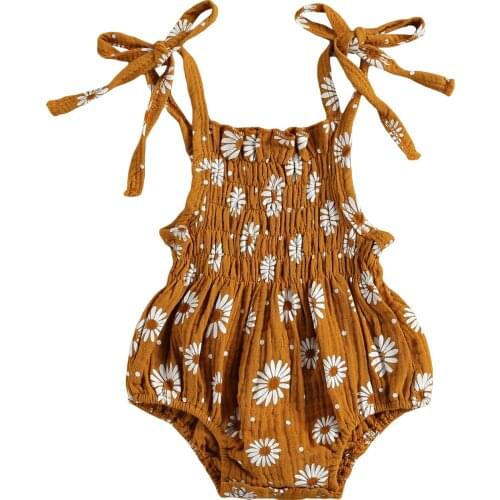 0-24M Newborn Baby Girls Lace-up Sling Romper Cartoon chrysanthemum Print Falbala Elastic Casual Jumpsuit