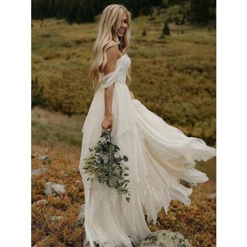 Elegant Bohemian Tulle Wedding Dresses Off Shoulder Boho Wedding Gowns White Bridal Dress Plus Size Vestidos De Noiva