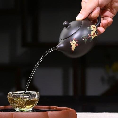 Purple clay pot, raw ore, black mud, handmade pot, peony, painted teapot, tea set, gift customization and distribution