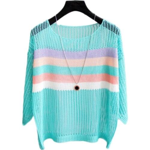 Long Sleeve Shirt Women Casual Hollow Out Striped O-Neck Women Tshirt Korean Tees Graphic Tees Women Summer Streetwear Plus Size