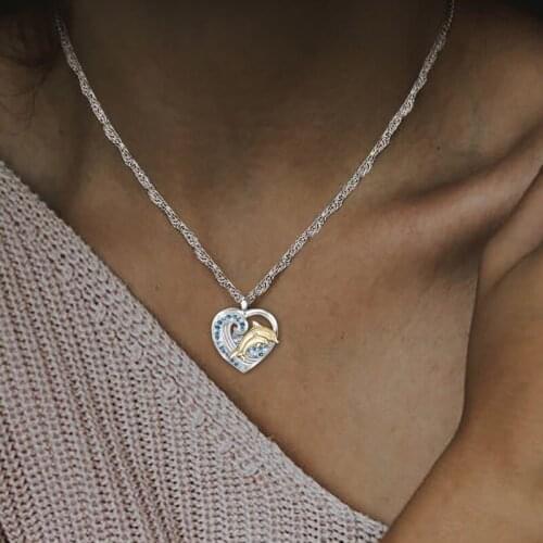 Summer Beach Jewelry Simple Heart Necklace Women Long Chain Crystal Rhinestone Wave Necklace Fashion Dolphin Pendant Mama Gift