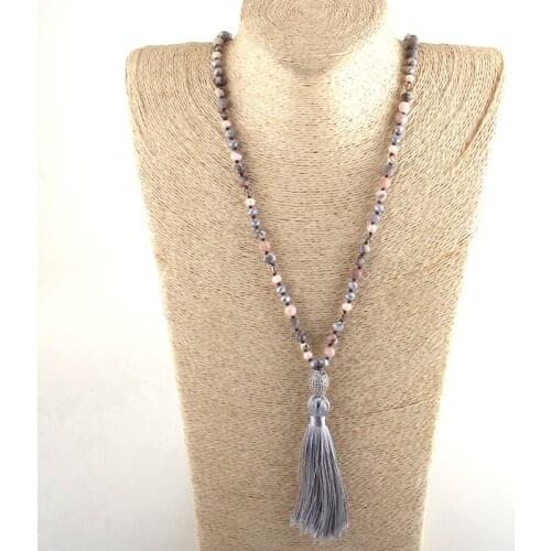 MOODPC Fashion Bohemian Jewelry 6mm Stone Long Knotted Micro Zircon Pave Link Gray Tassel Necklaces D