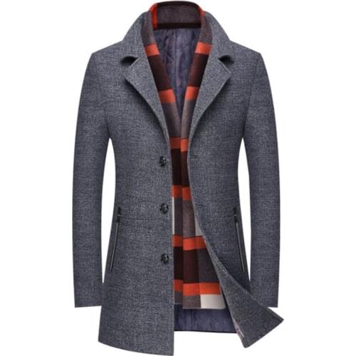 New Men Winter Wool Coat Slim Fit Thick Wool Blends Men Long Trench Coat Fashion Grey Woolen Jacket Scarf Collar Warm Overcoat