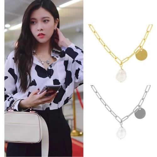 Unreal design short necklace female Baroque freshwater pearl drop Coin Pendant clavicle chain