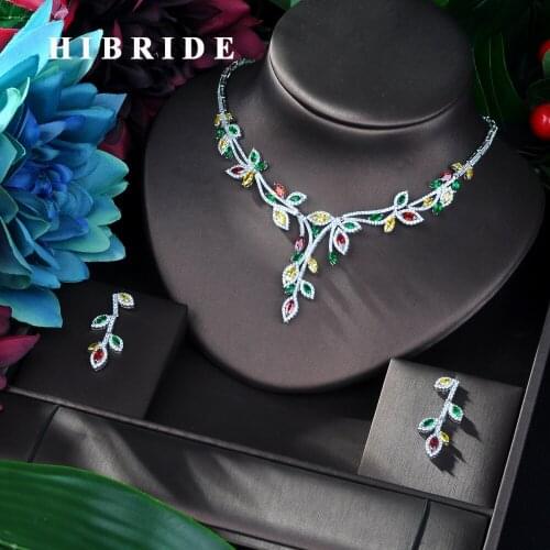 HIBRIDE New Arrival AAA Jewelry Muiticolor Leaf Design 2pc Set for Woman Sparkling Zirconia Jewelry Wedding Accessories N-80