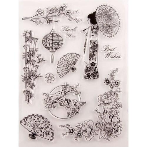 Clear Japan Cherry Blossoms Kimono Stamps DIY Scrapbooking/Card Making/Photo Album Rubber Transparent Stamp Kids Fun Decoration