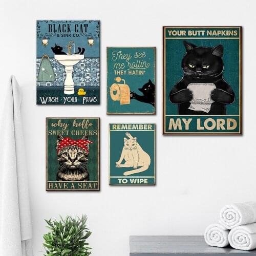 Retro Black Cat Canvas Painting Creative and Interesting Mental Health Phrase Poster Bathroom Living Room Decoration Pictures