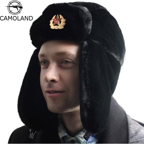 Soviet Badge Russia Ushanka Men Women Bomber Hats Pilot Trapper trooper Hat Winter Faux Rabbit Fur Earflap Velvet Warm Snow Caps