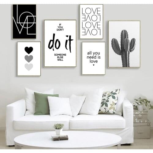 Scandinavian Cactus love Black Heart Love Black and White Canvas Painting Quotes Wall Pictures For Living Room Nordic Decoration