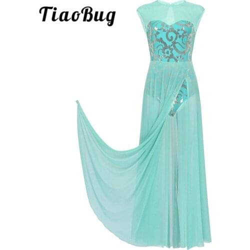 TiaoBug Floral Sequins Sleeveless Adult Modern Contemporary Lyrical Dance Costumes Gymnastics Ballet Leotard Women Long Dress