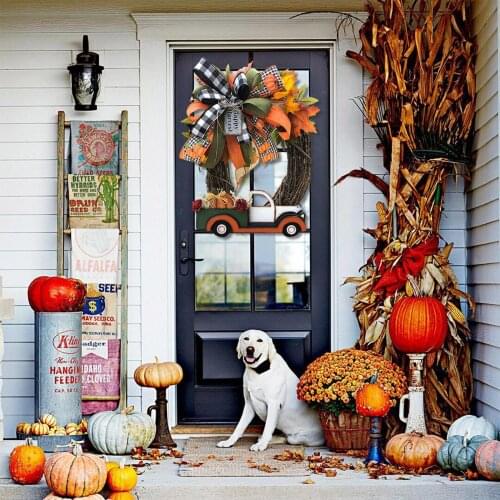 Farmhouse Pumpkin Truck Wreath Autumn Nature Decoration Halloween Front Door Hanging Ornament Festival Home Decoration