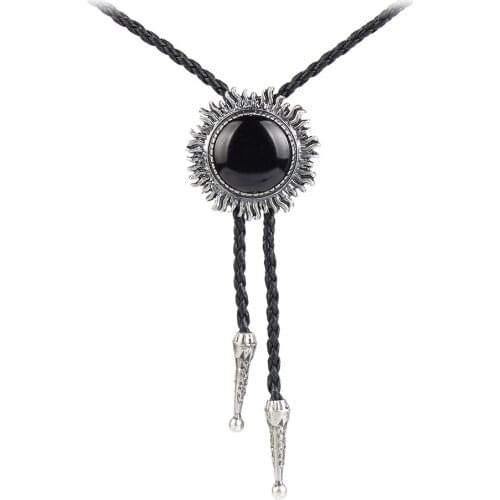 Vintage Bolo Tie Acrylic Alloy Crown Sun Pendant Mens Women Braided Leather Rope Long Necklace Sweater Chain Male Jewelry