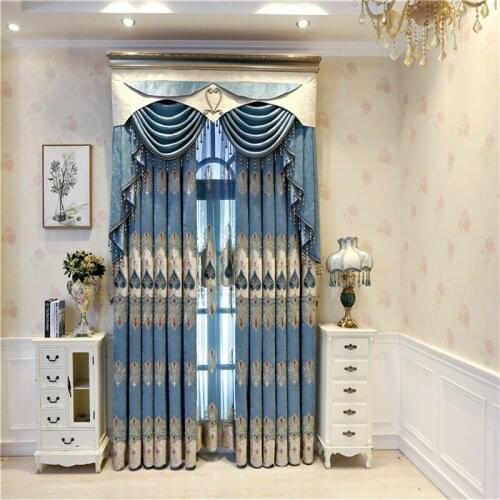 High quality blue European style embroidery elegant villa bedroom curtains with luxurious curtains for living room hotel