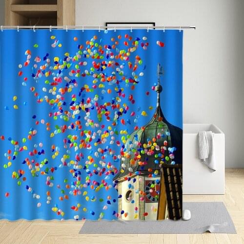 City Landscape Shower Curtain Modern street scene colorful balloon Eco-Friendly Fabric Polyester Waterproof Cloth Bathtub Decor