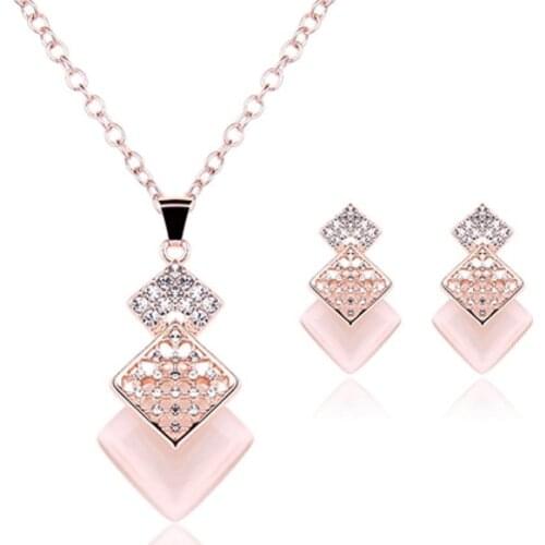 Women Fashion Rhinestone Square Pendant Necklace Ear Stud Earrings Jewelry Set