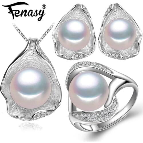 FENASY Freshwater Pearl Jewelry 925 sterling silver Jewelry Sets for Women Shell design bohemia party necklace earrings rings