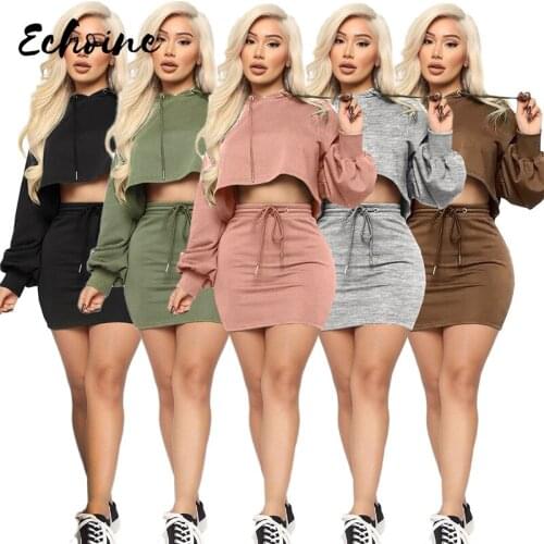 Winter Autumn Women Set Full Sleeve Tracksuit Hooded Crop Tops+Skirts Suit Two Piece Set Night Club Party Sportswear Fitness