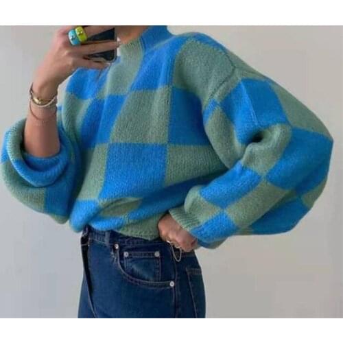 Plaid Print Oversized Pullover Women Casual Sweater Y2k Knitted Pullover Batwing Sleeve Fashion Autumn Winter Loose Sweater 2021