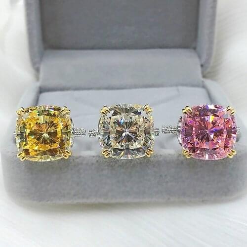 Womens Luxury 925 Sterling Silver Stamp Ring Charms 14*14mm Lab Diamond Topaz Pink Quartz Gemstone Wedding Bands For Girlfriend