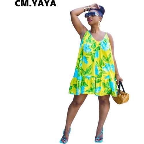 CM.YAYA Women Mini Dress Print Sleeveless Strap V-neck Loose Dresses Sexy Night Clubwear Fashion Party Vestidos Summer Outfits