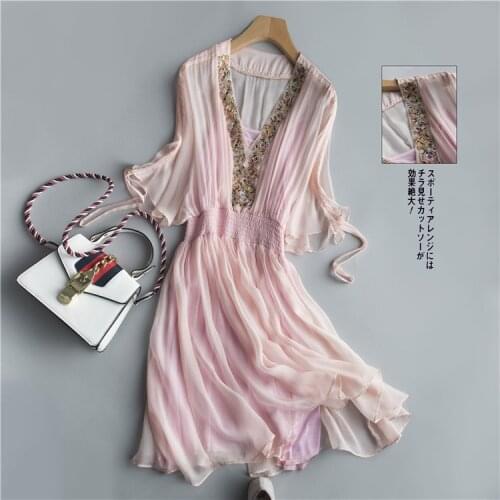 Dress Summer 200% Real Silk Ladies Boho Dress Women Clothes Vintage Elegant Sexy Vneck Dresses Vintage Long Vestido