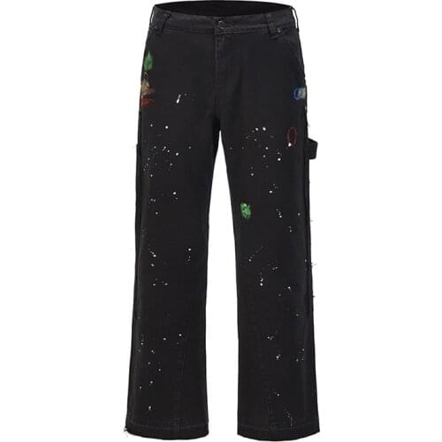 Graffiti Ink Painted Wide Leg Flare Pants Mens Streetwear Straight Casual Jeans Harajuku Washed Retro Loose Denim Trousers