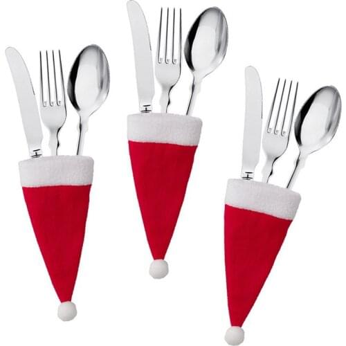 10pcs Christmas Decorative Tableware Mini Caps Pocket Knife Fork Spoon Holders Christmas Table Decoration for Home Xmas Supplies