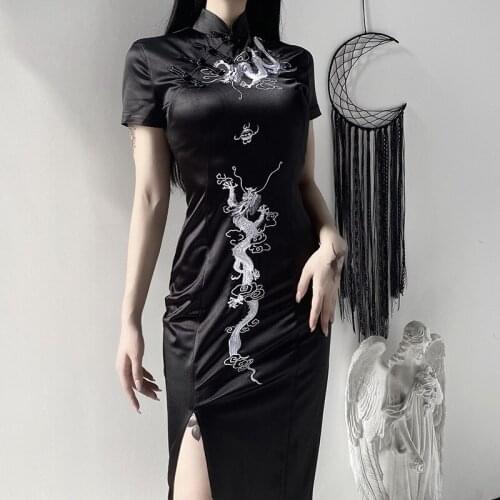 Dark Wind Retro Button Large Size Long Dress Improved Dragon Embroidered Cheongsam Slim Dress Women Autumn And Winter
