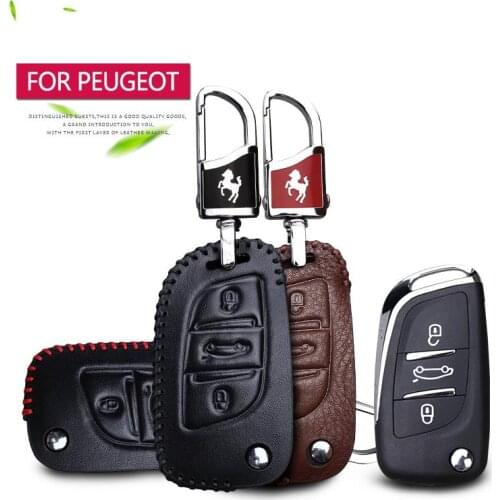 Hot Sale Genuine Leather Car Key Cover Case For Peugeot 406 408 308 307 207 107 407 607 With Horse Key Chain Ring For Peugeot