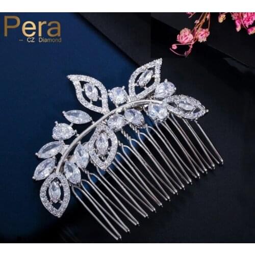 Pera Elegant Women Hair Comb Accessories Jewelry Leaf Cubic Zirconia Stone Wedding Headpiece Flower for Brides Tiara Gift H008