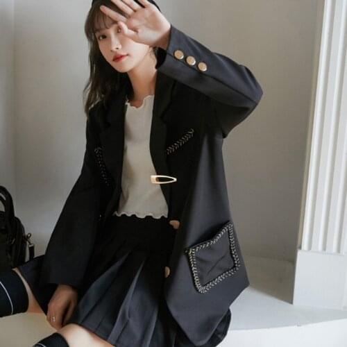 IMucci Black Korean Fashion Blazer Coat Women Button Pocket Design New Ladies Tops 2020 Turn-down Collar Diablo Female Clothing