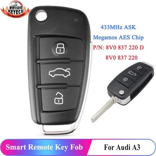 KEYECU 3 Button Remote Car Key 433MHz Fob for Audi A3 S3 2012-2015 with Megamos AES CHIP 8V0 837 220