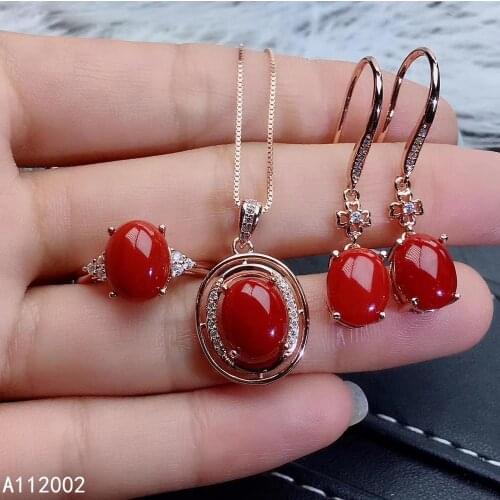 KJJEAXCMY fine jewelry natural red coral 925 sterling silver new women pendant earrings ring set support test luxury trendy