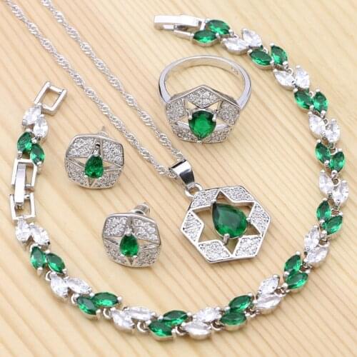 Square 925 Silver Jewelry Sets For Women Natural Green Cubic Zirconia Ring Bracelet Necklace Pendant Earrings Set