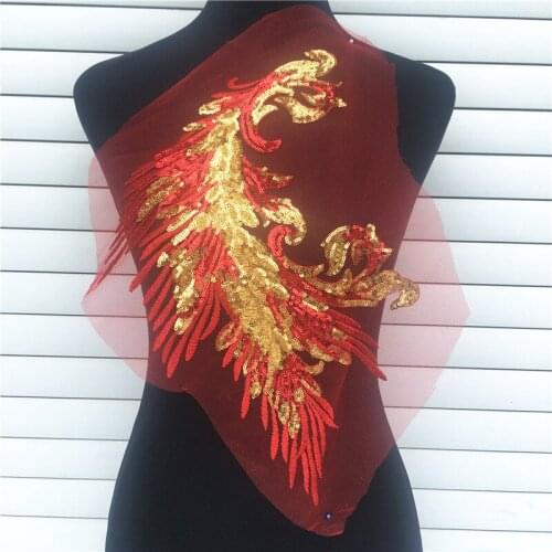 Red Embroidered Lace Sequins Peacock Feather Wing Patches Sewing Applique DIY For Lady Garment Dress Cheongsam Craft Decoration