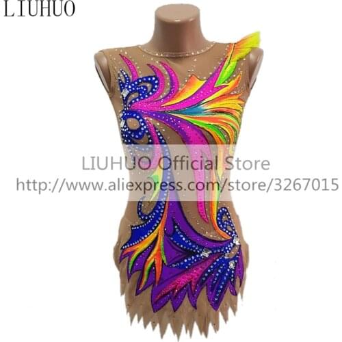 LIUHUO Womens Girls' performance Rhythmic gymnastics competition Leotard Artistic Costume Ice Skating Dress CrystalsMulticolor